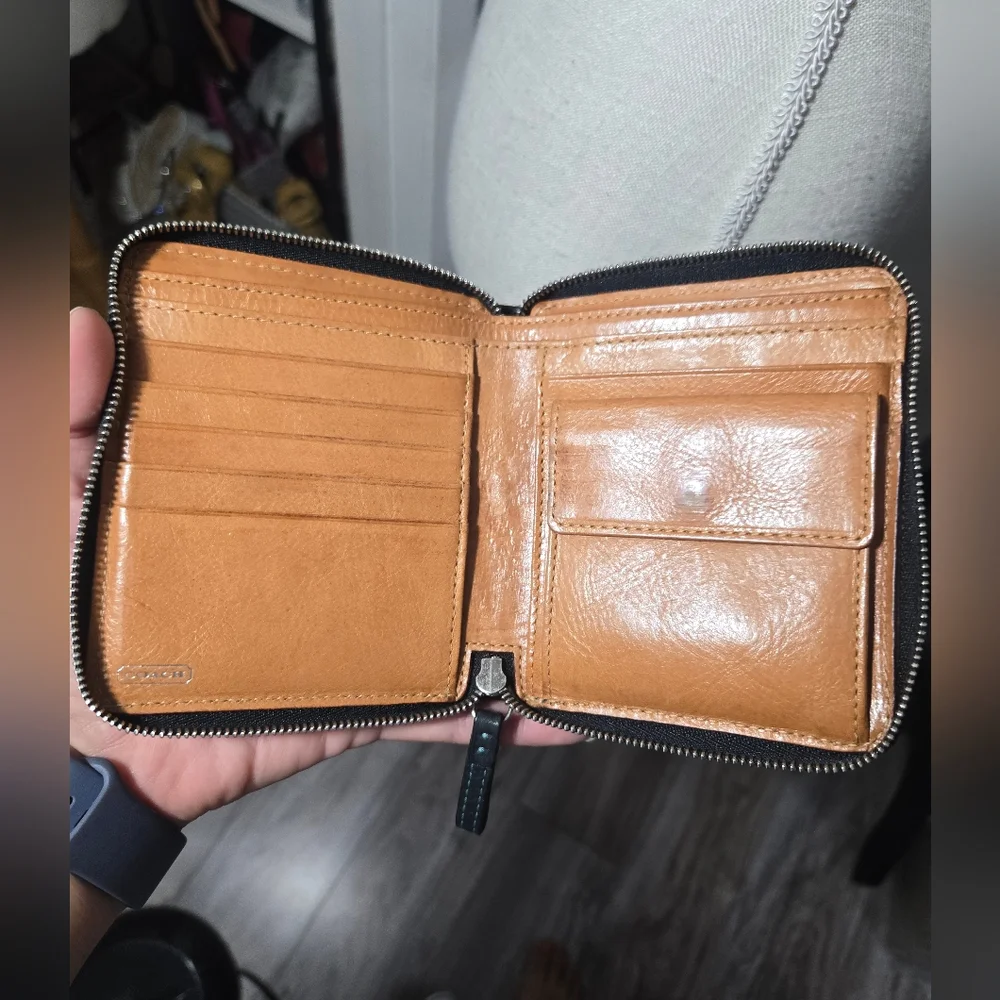 Coach Black Leather Small Wallet with Teal Stitching